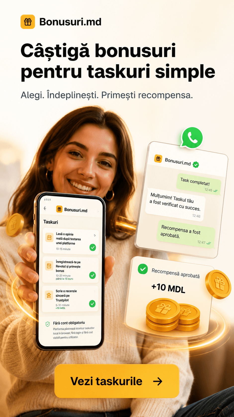 Bonusuri.md - taskuri simple, confirmare pe WhatsApp și recompense